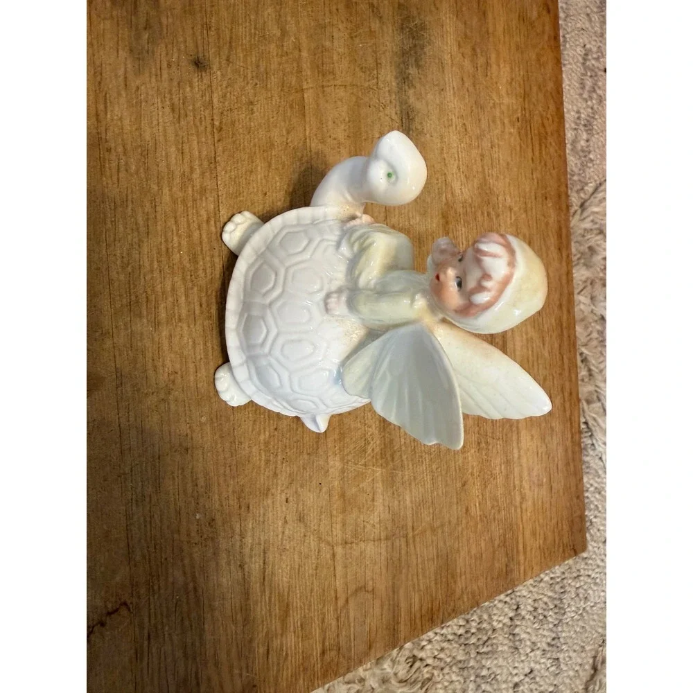 Vintage Enesco Fairy Riding Turtle Ceramic Figurine White Pastel Whimsical Decor